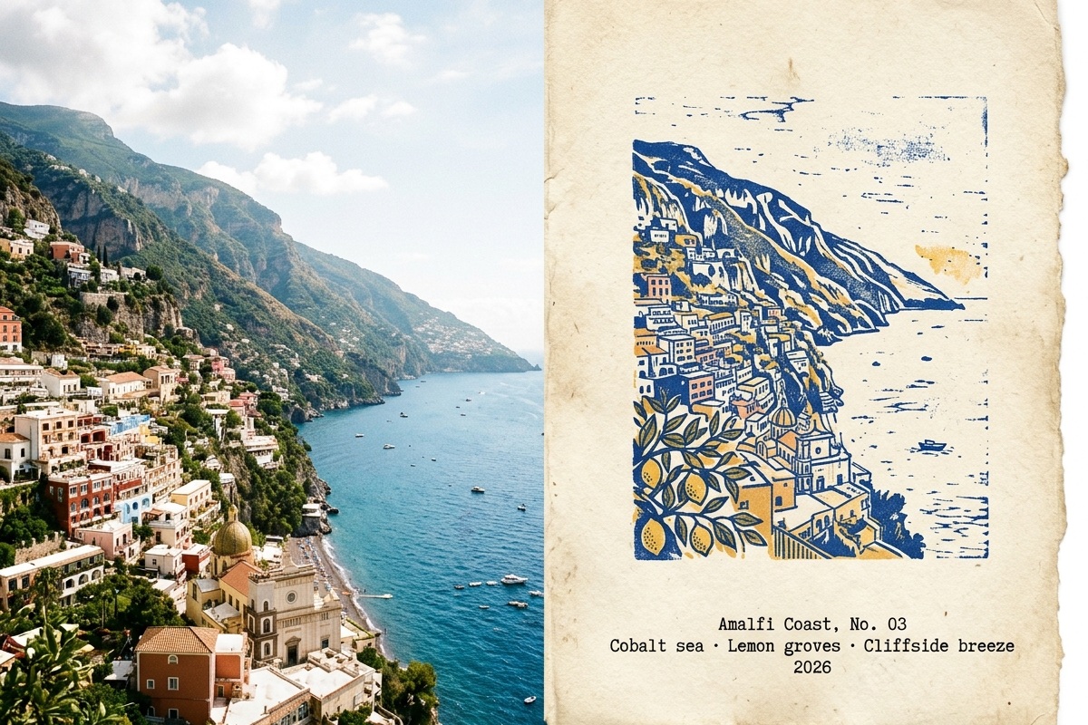 Amalfi Coast digital travel scrapbook card made from a travel photo