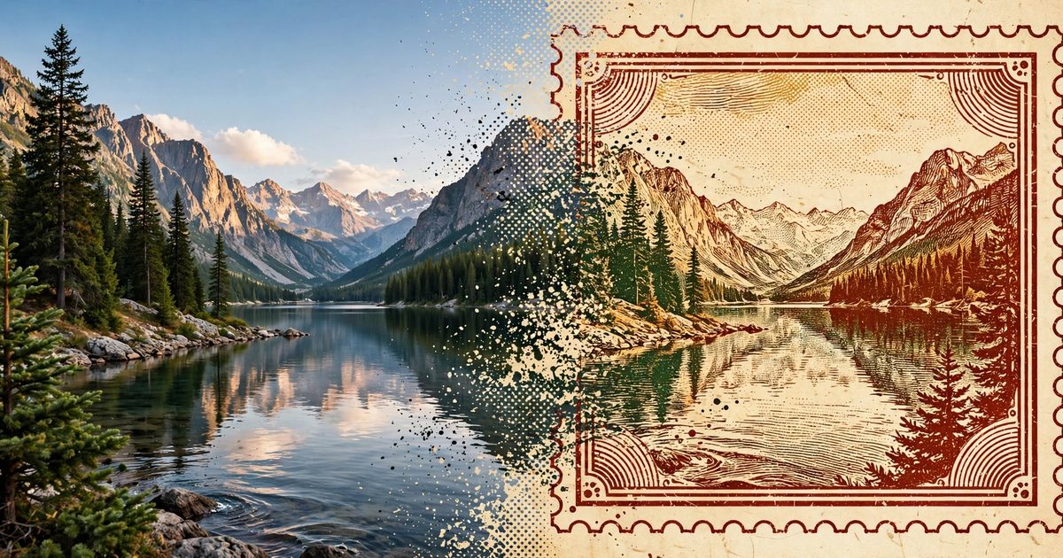 Vintage travel stamp made from a travel photo — before and after example