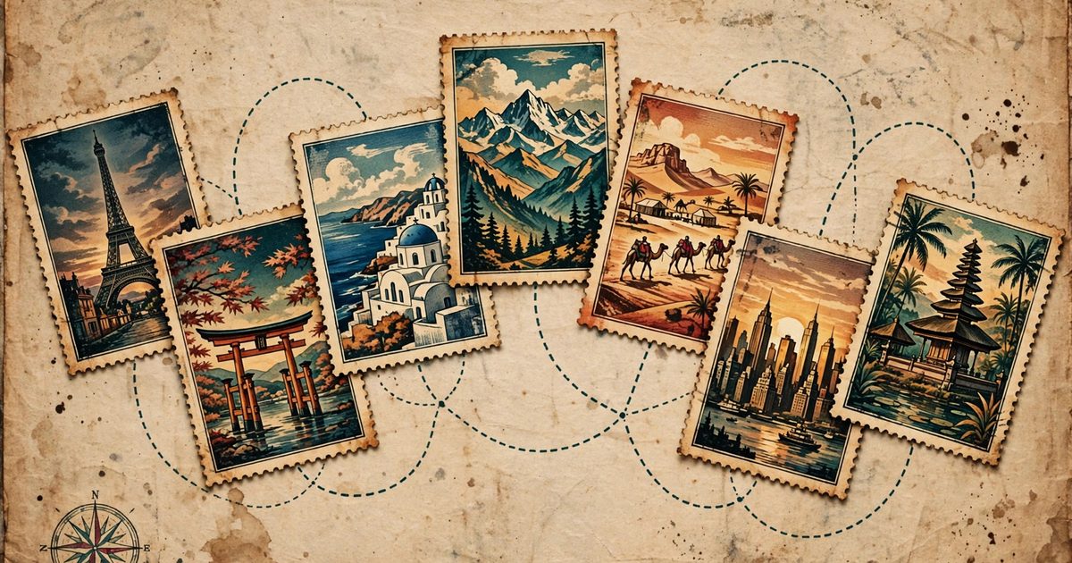Seven vintage travel stamp posters fanned across a travel journal page, a Polarsteps alternative keepsake