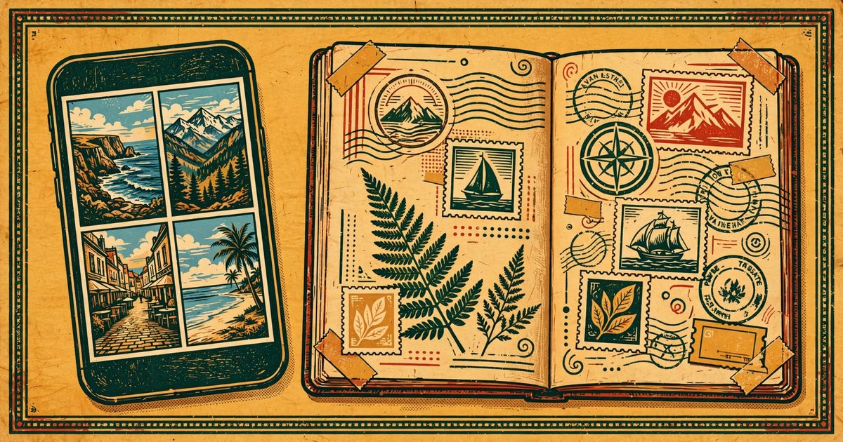 Creating a digital travel scrapbook from iPhone photos, vintage stamp style